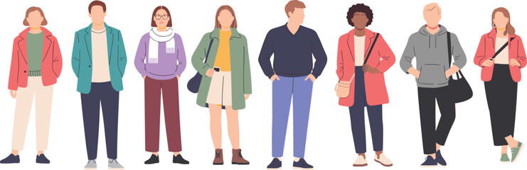 people, standing, vector, illustration, diverse, characters, men, women, casual, clothing, urban, lifestyle, flat, design, group, modern, fashion, colorful, front, view