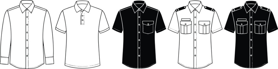 Naklejka premium Collection of mens shirts front views line art and silhouette clothing apparel