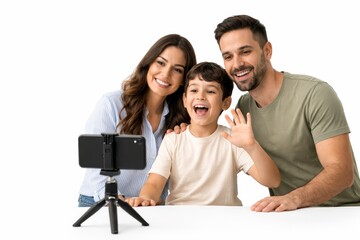 Happy Lebanese family taking selfie with smartphone on tabletop tripod child waving studio isolated on white