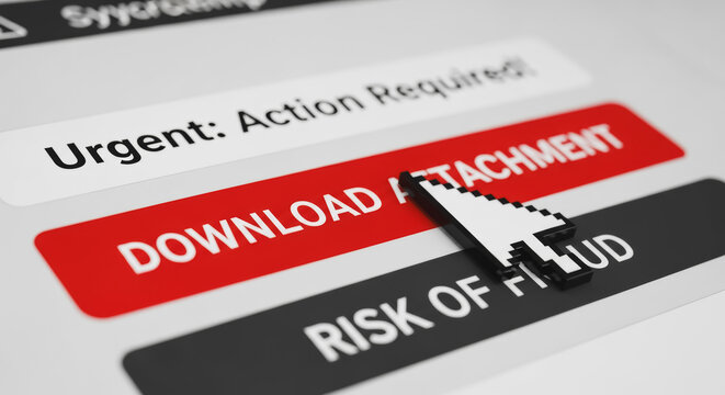 Cybersecurity threat: Phishing email urgent action required to download attachment, risk of fraud warning displayed with a computer cursor, representing online scam and malware danger.
