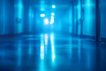 Serene and Dimly Lit Hospital Corridor in Cool Blue Tones for Modern Clinic Decoration Projects