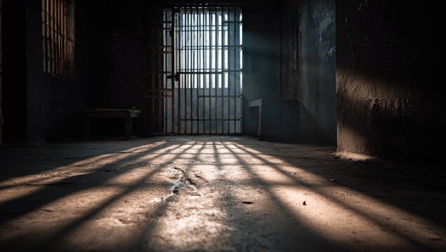 A dimly lit jail cell with sunlight streaming through the barred door, creating shadows on the floor