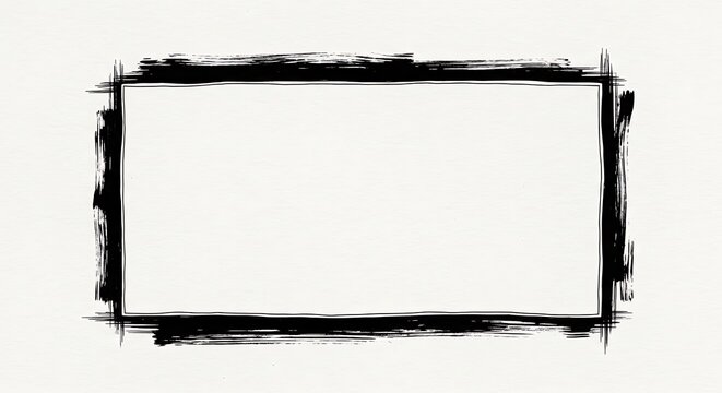 Hand-drawn black ink brush stroke rectangle frame, grunge style, with white background
