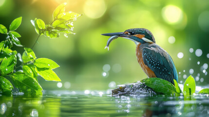 Obraz premium Common European Kingfisher Flying with fish catch