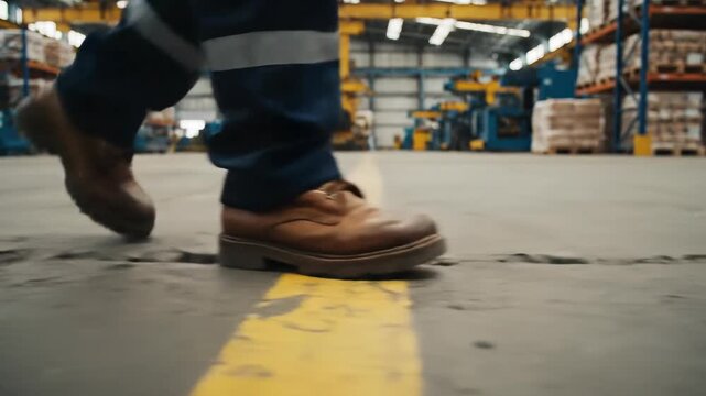 Worker in safety boots walks through industrial warehouse, close-up on feet