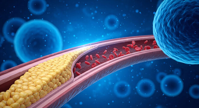 Artery cross section showing plaque buildup and red blood cells with microscopic cell environment