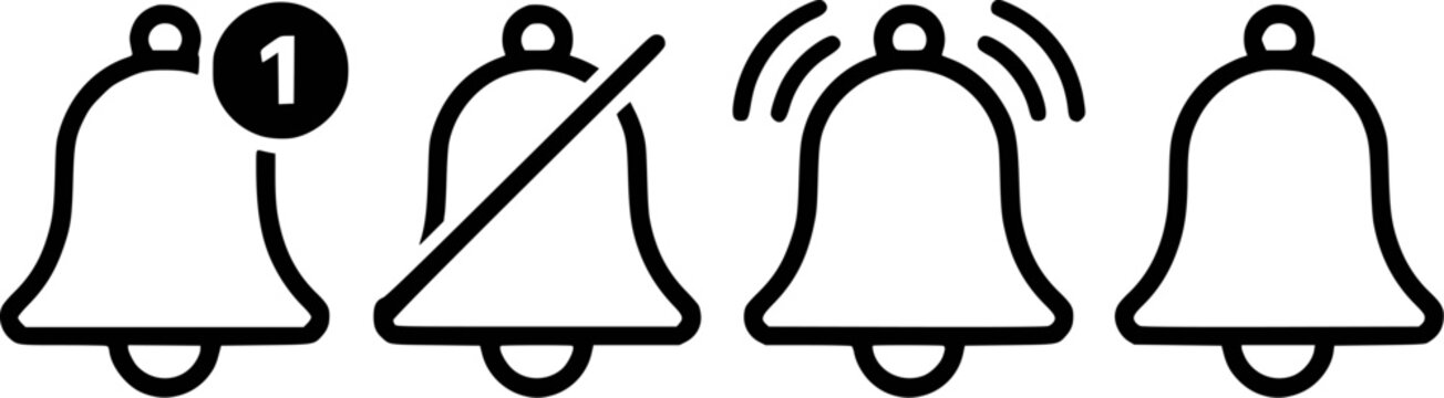 Set of Bell Icons: Notification, Muted, Ringing, and Standard