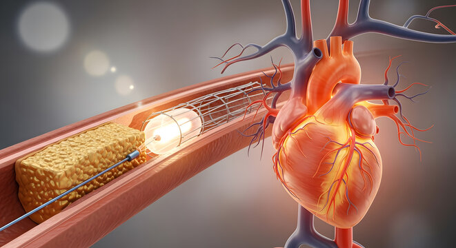 Balloon angioplasty procedure with stent insertion to clear arterial plaque near human heart