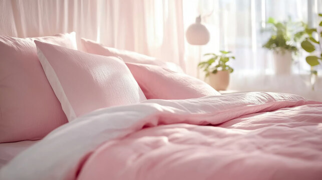 Close-up of a room decorated with pink sheets and cushions