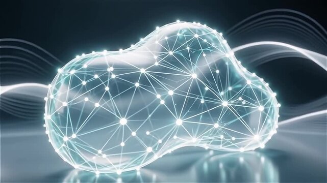 Abstract visualization of a cloud-like structure made of interconnected nodes and light strands, creating a sense of digital connectivity