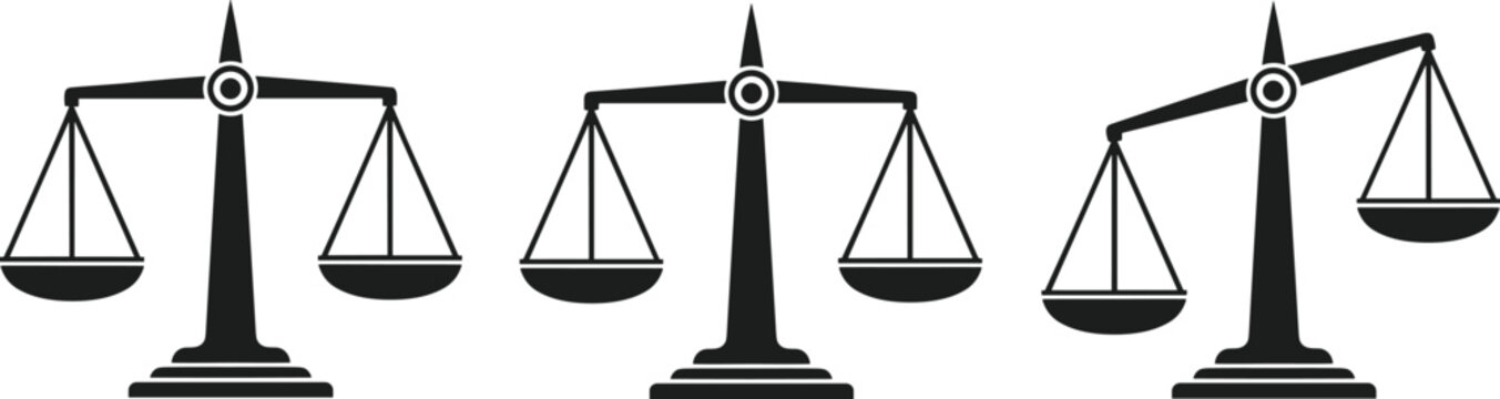 Justice scales icons set, balanced and unbalanced weighing symbols representing law fairness equality concept black silhouette vector illustration isolated design