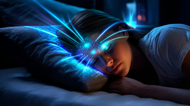 Femme dormant sur un oreiller intelligent. Capteurs biom&eacute;triques et lueur bleue futuriste. Visualisation de donn&eacute;es de r&ecirc;ve et technologie du sommeil. Ambiance sereine, calme et high-tech