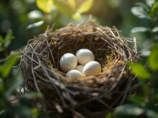 Obraz premium Nest of speckled bird eggs in natural setting