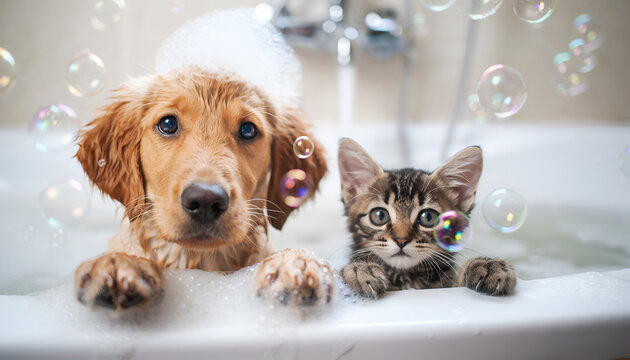 Adorable Golden Retriever Puppy and Tabby Kitten Enjoying a Bubble Bath Together.