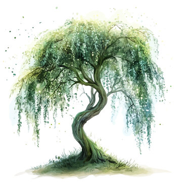 Willow Tree, semi-realistic fantasy look, realistic form with magic elements, watercolor artwork, isolated on white