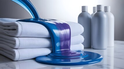 Blue and purple detergent liquid on white linens