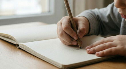 Close up of child's hands holding pencil and writing in notebook, graphomotor skills and literacy development