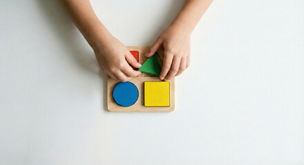 Child's hands matching colorful geometric shapes in wooden puzzle, Montessori early education concept