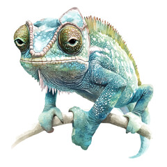 Chameleon, clean semi-realistic fantasy style, soft magical glow, watercolor artwork, white backgroundv © DavidJ