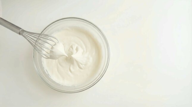 Whisking thick white cream to soft peaks in a clear glass mixing bowl