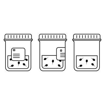 Set of medical containers icons with sperm sample for analysis. Editable stroke