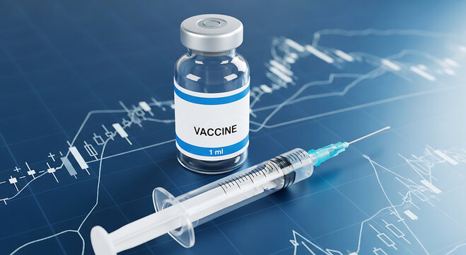 A vaccine vial and syringe on a blue background with medical graphs and charts