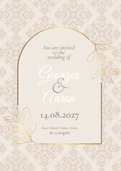 Decorative wedding invitation design with gold floral elements 
