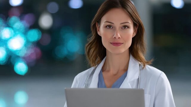 The Confident Physician: A portrait of a skilled medical professional in a crisp white coat, holding a laptop. With a calm and assuring gaze, this image speaks of competence and compassionate care.