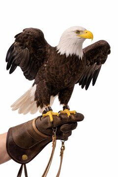 Bald eagle on falconry glove with unbranded jesses straps training concept