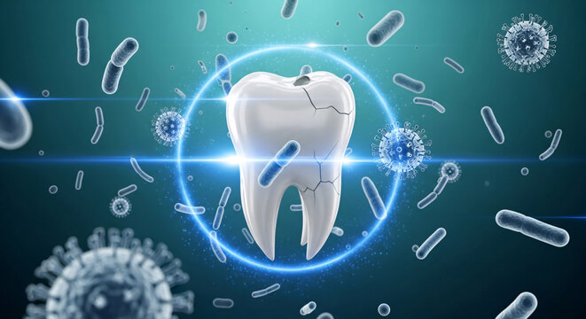 Cracked human tooth surrounded by bacteria and viruses representing dental decay and oral infection
