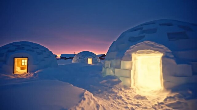 Evening view of glowing igloos with lit doorways and village buildings in a snow covered landscape with a beautiful sunrise