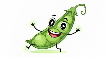 Obraz premium Cheerful Pea Pod Cartoon Character with a Big Smile and Sparkling Eyes, Isolated on White Background