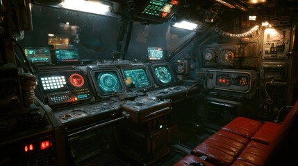 Obraz premium Control room filled with screens and buttons inside a futuristic spaceship during the late night hours