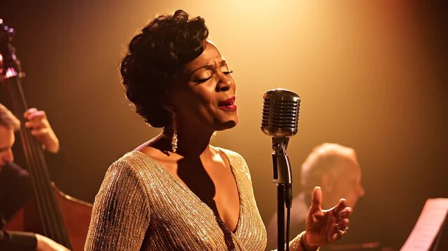 Woman singing passionately into vintage microphone on stage (2)