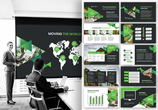 Modern Environmental and Green Energy Business Presentation Template with Dark Background