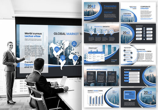 Modern Blue Corporate Business Presentation Template with Global Financial Market Theme