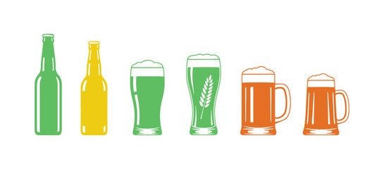 A flat vector collection featuring bottles, glasses, and mugs filled with beer. It's an alcoholic drink. Perfect elements for a brewery's promotional poster or banner.

