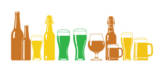 Check out this flat vector set showcasing beer bottles, glasses, and mugs. It's all about alcoholic drinks. Ideal for a brewery promo poster or banner.

