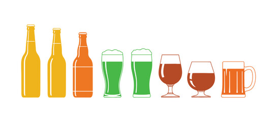 Here&rsquo;s a flat vector design of beer bottles, glasses, and mugs. We're talking about an alcoholic beverage. These elements are perfect for a brewery's promotional poster or banner.

