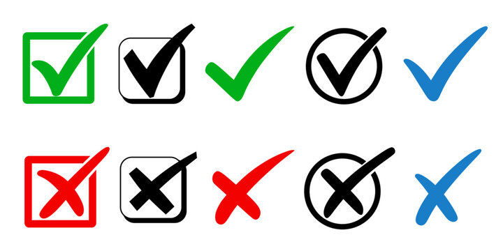 vector illustration: set of green check mark and red no cross symbols isolated on white or transparent png