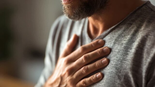 Man Experiencing Chest Pain: A man is captured in a moment of distress, clutching his chest with a look of concern. This intimate shot conveys vulnerability and a silent struggle. 