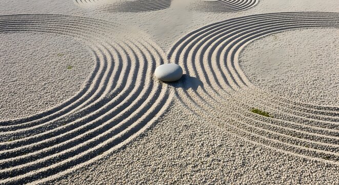 Serene zen garden with stone and raked gravel patterns, peaceful atmosphere, and natural sunlight from above
