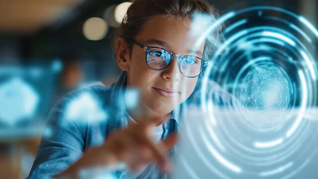 Digital Frontier: A young student engages with a holographic interface, her eyes alight with curiosity and a vision of the future.