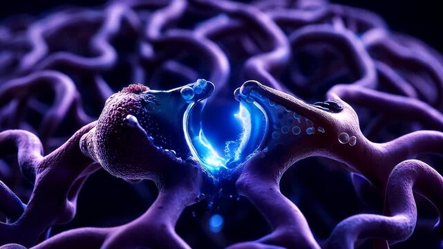 3D animation of a neuron synapse firing electrical impulses in the human brain. Medical education concept.