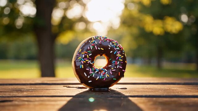 Chocolate donut topped with colorful sprinkles sitting on a wooden table during sunset in a park, with soft sunlight filtering through trees
