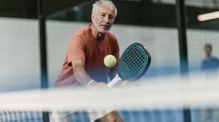 Senior man playing padel tennis indoors with focused expression and competitive spirit