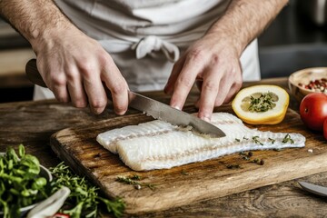 Chef slicing fresh fish fillet on wooden board with culinary herbs and vegetables
