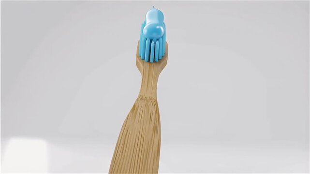 Close-up of a bamboo toothbrush with blue toothpaste, emphasizing dental hygiene and eco-friendly products
