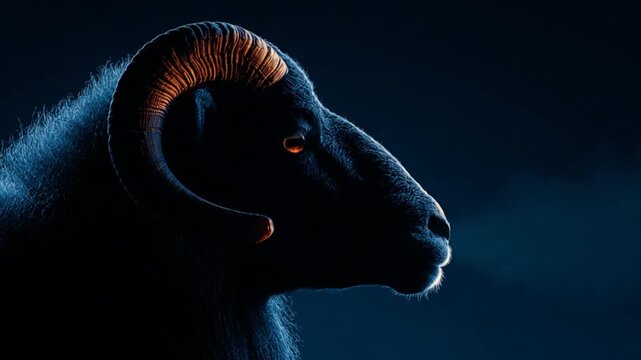 A side profile of a ram's head silhouetted against a dark blue background, horns highlighted