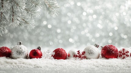 Elegant Christmas arrangement with red and white ornaments on snowy background
